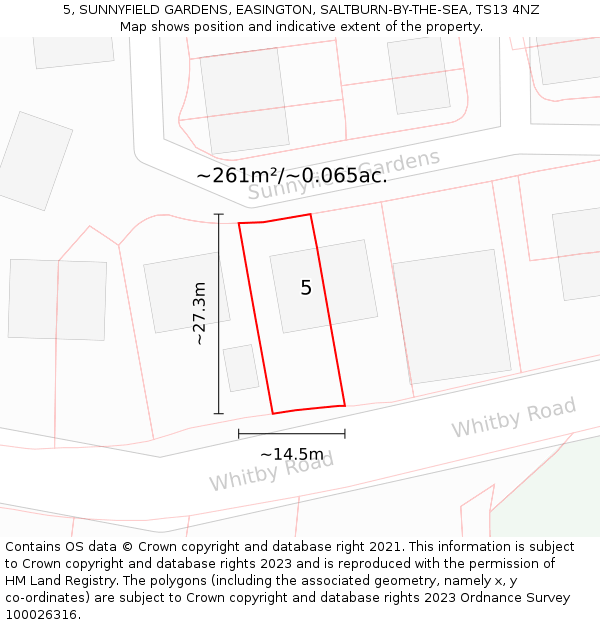 5, SUNNYFIELD GARDENS, EASINGTON, SALTBURN-BY-THE-SEA, TS13 4NZ: Plot and title map