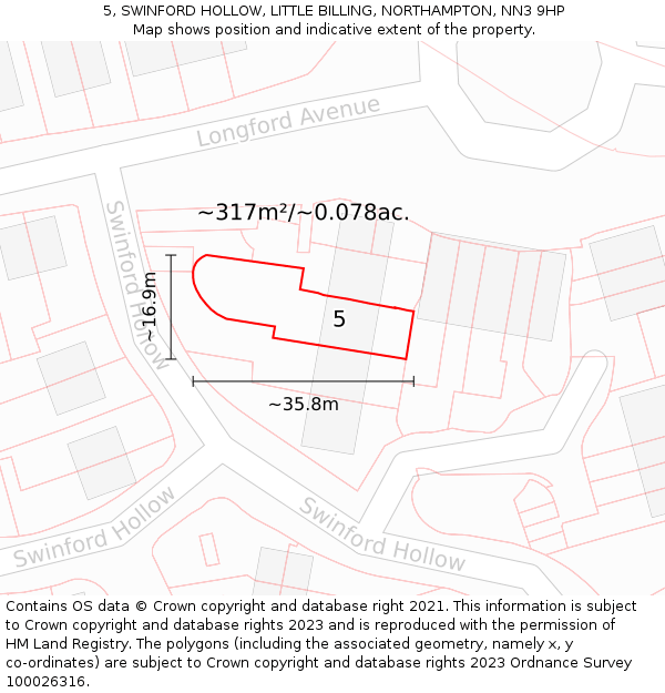 5, SWINFORD HOLLOW, LITTLE BILLING, NORTHAMPTON, NN3 9HP: Plot and title map