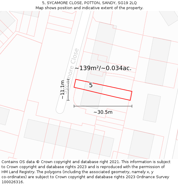 5, SYCAMORE CLOSE, POTTON, SANDY, SG19 2LQ: Plot and title map