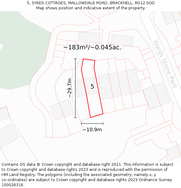 5, SYKES COTTAGES, MALLOWDALE ROAD, BRACKNELL, RG12 0GD: Plot and title map