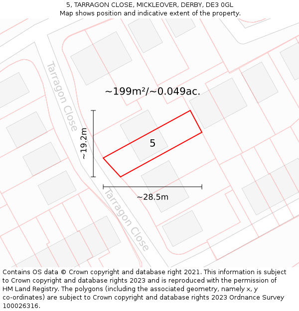5, TARRAGON CLOSE, MICKLEOVER, DERBY, DE3 0GL: Plot and title map