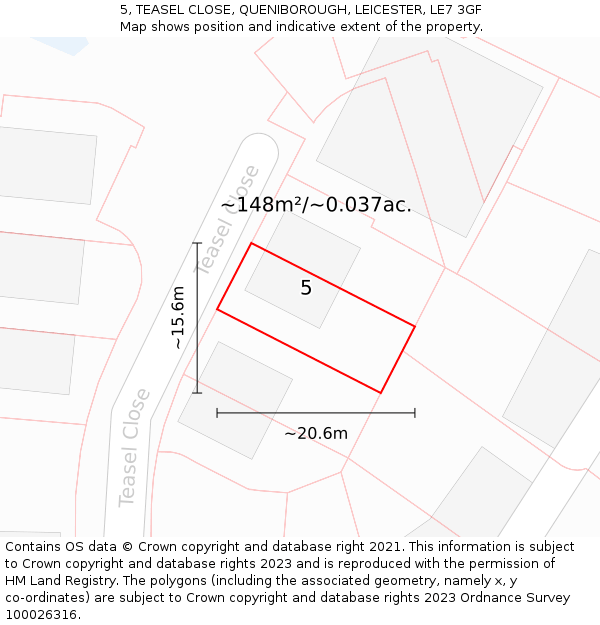 5, TEASEL CLOSE, QUENIBOROUGH, LEICESTER, LE7 3GF: Plot and title map