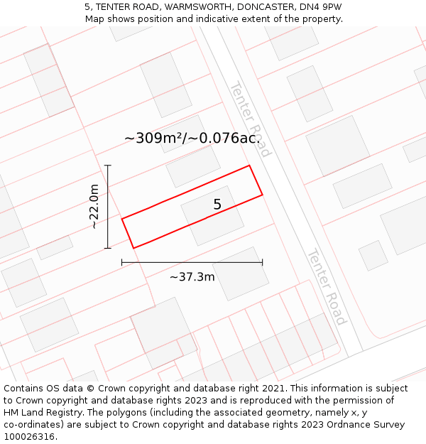 5, TENTER ROAD, WARMSWORTH, DONCASTER, DN4 9PW: Plot and title map