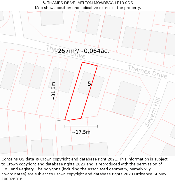 5, THAMES DRIVE, MELTON MOWBRAY, LE13 0DS: Plot and title map