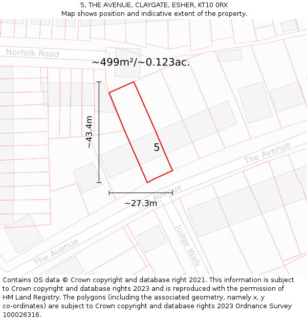 5, THE AVENUE, CLAYGATE, ESHER, KT10 0RX: Plot and title map