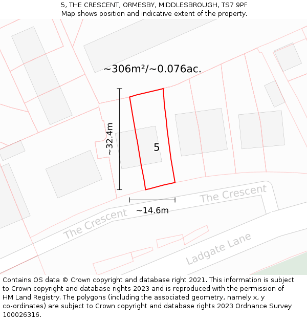 5, THE CRESCENT, ORMESBY, MIDDLESBROUGH, TS7 9PF: Plot and title map