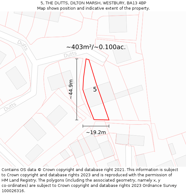 5, THE DUTTS, DILTON MARSH, WESTBURY, BA13 4BP: Plot and title map