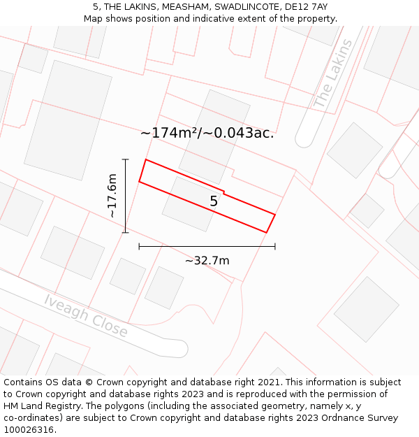 5, THE LAKINS, MEASHAM, SWADLINCOTE, DE12 7AY: Plot and title map