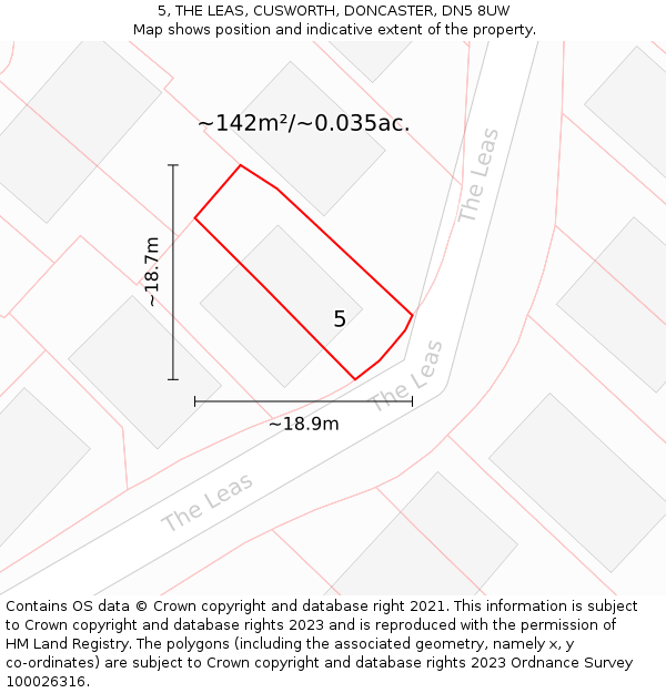5, THE LEAS, CUSWORTH, DONCASTER, DN5 8UW: Plot and title map