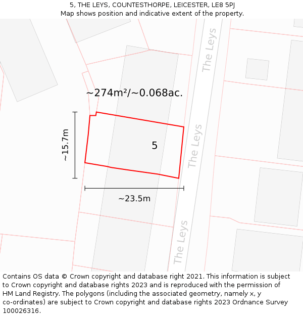 5, THE LEYS, COUNTESTHORPE, LEICESTER, LE8 5PJ: Plot and title map