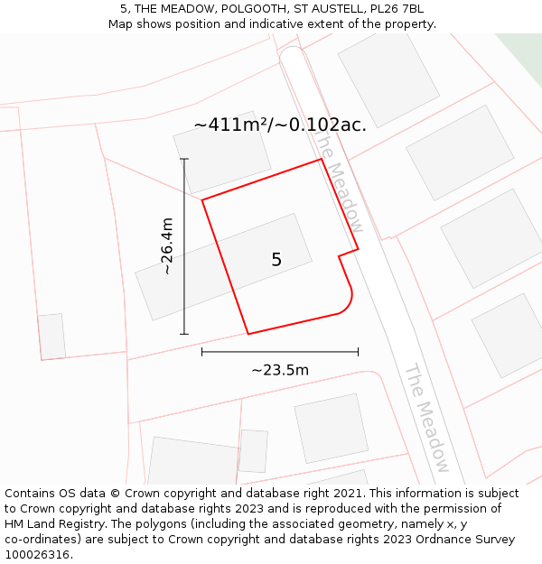 5, THE MEADOW, POLGOOTH, ST AUSTELL, PL26 7BL: Plot and title map