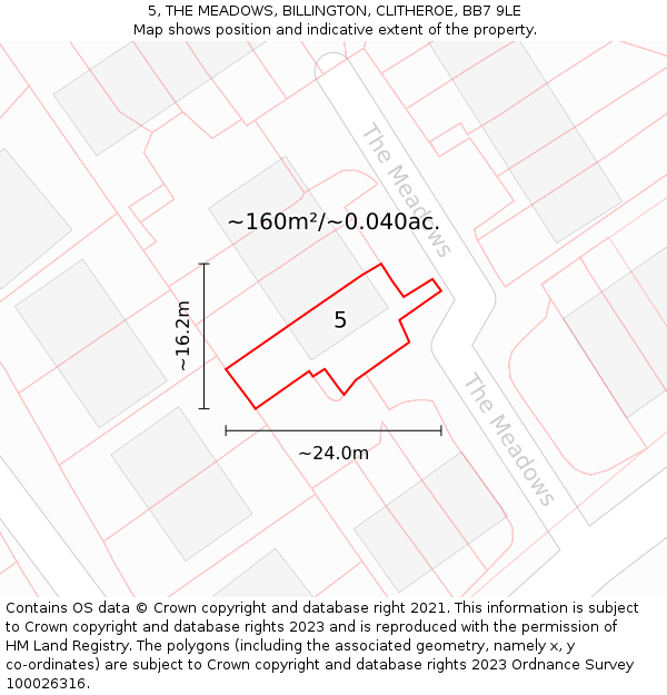 5, THE MEADOWS, BILLINGTON, CLITHEROE, BB7 9LE: Plot and title map