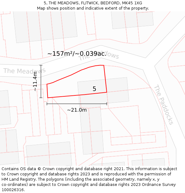 5, THE MEADOWS, FLITWICK, BEDFORD, MK45 1XG: Plot and title map