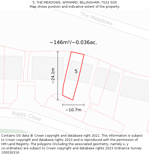 5, THE MEADOWS, WYNYARD, BILLINGHAM, TS22 5GS: Plot and title map