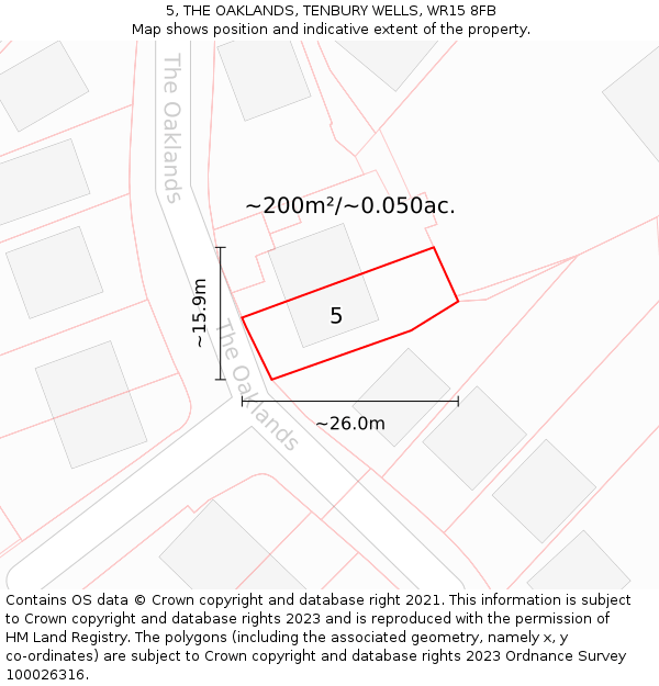 5, THE OAKLANDS, TENBURY WELLS, WR15 8FB: Plot and title map