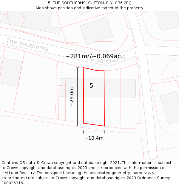 5, THE SOUTHERNS, SUTTON, ELY, CB6 2PQ: Plot and title map