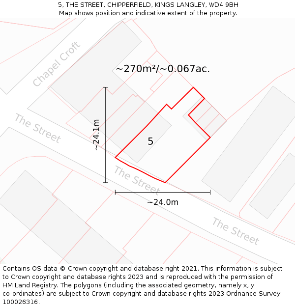 5, THE STREET, CHIPPERFIELD, KINGS LANGLEY, WD4 9BH: Plot and title map