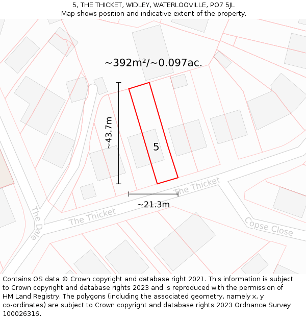 5, THE THICKET, WIDLEY, WATERLOOVILLE, PO7 5JL: Plot and title map