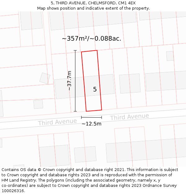 5, THIRD AVENUE, CHELMSFORD, CM1 4EX: Plot and title map