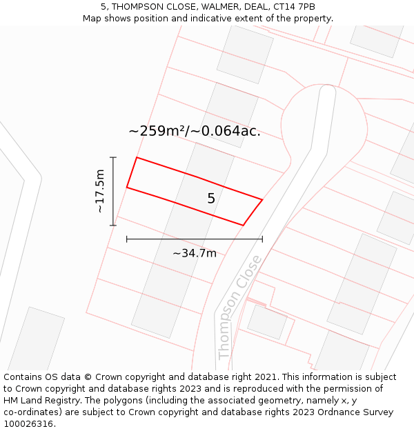 5, THOMPSON CLOSE, WALMER, DEAL, CT14 7PB: Plot and title map