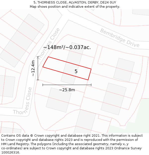 5, THORNESS CLOSE, ALVASTON, DERBY, DE24 0UY: Plot and title map
