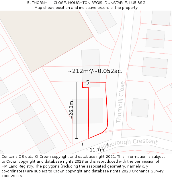 5, THORNHILL CLOSE, HOUGHTON REGIS, DUNSTABLE, LU5 5SG: Plot and title map