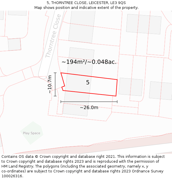 5, THORNTREE CLOSE, LEICESTER, LE3 9QS: Plot and title map