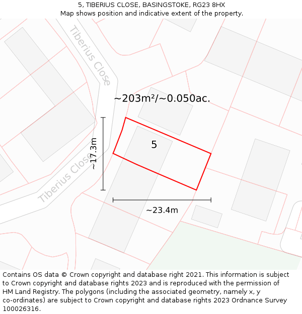 5, TIBERIUS CLOSE, BASINGSTOKE, RG23 8HX: Plot and title map