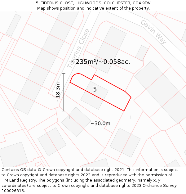 5, TIBERIUS CLOSE, HIGHWOODS, COLCHESTER, CO4 9FW: Plot and title map