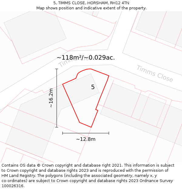 5, TIMMS CLOSE, HORSHAM, RH12 4TN: Plot and title map