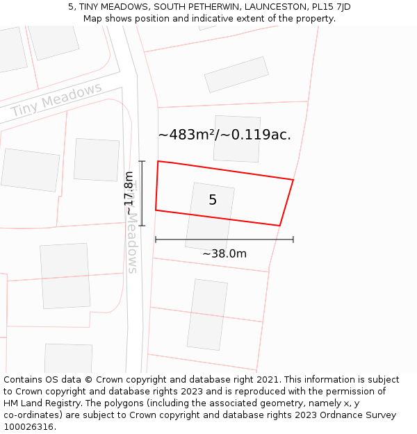 5, TINY MEADOWS, SOUTH PETHERWIN, LAUNCESTON, PL15 7JD: Plot and title map
