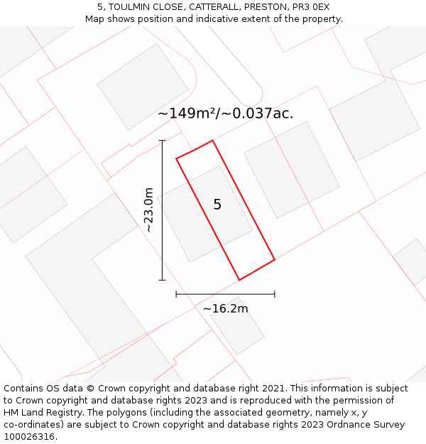 5, TOULMIN CLOSE, CATTERALL, PRESTON, PR3 0EX: Plot and title map