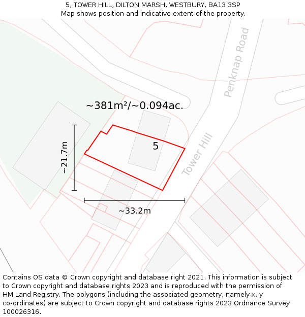 5, TOWER HILL, DILTON MARSH, WESTBURY, BA13 3SP: Plot and title map