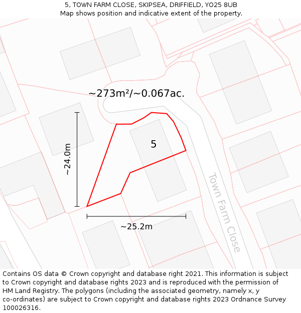 5, TOWN FARM CLOSE, SKIPSEA, DRIFFIELD, YO25 8UB: Plot and title map