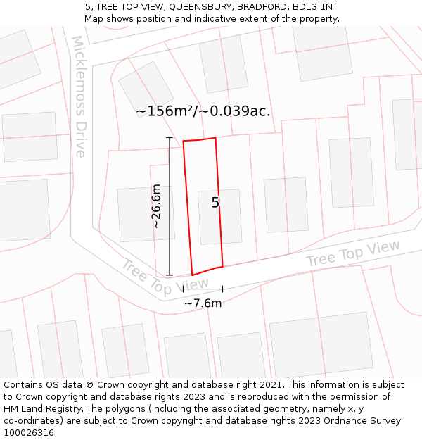 5, TREE TOP VIEW, QUEENSBURY, BRADFORD, BD13 1NT: Plot and title map