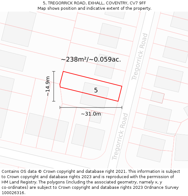 5, TREGORRICK ROAD, EXHALL, COVENTRY, CV7 9FF: Plot and title map