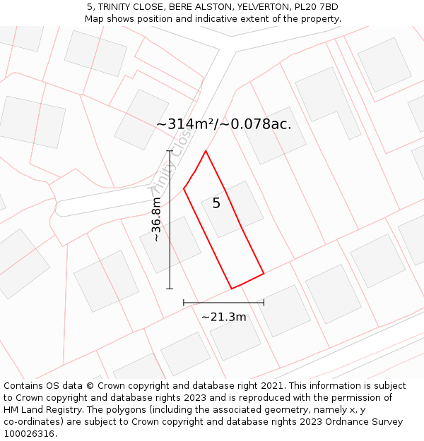 5, TRINITY CLOSE, BERE ALSTON, YELVERTON, PL20 7BD: Plot and title map