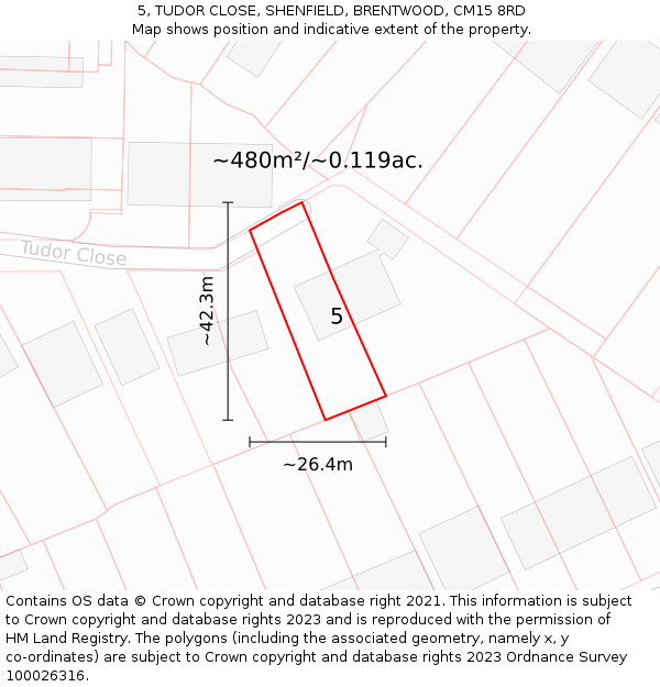 5, TUDOR CLOSE, SHENFIELD, BRENTWOOD, CM15 8RD: Plot and title map