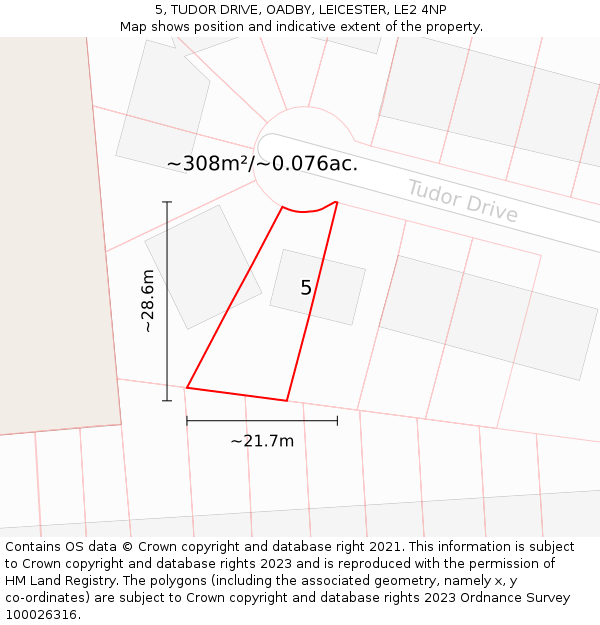 5, TUDOR DRIVE, OADBY, LEICESTER, LE2 4NP: Plot and title map