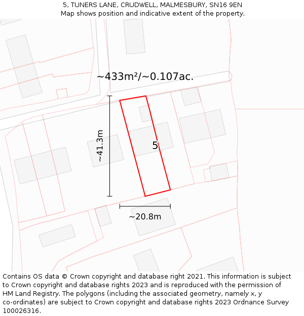 5, TUNERS LANE, CRUDWELL, MALMESBURY, SN16 9EN: Plot and title map
