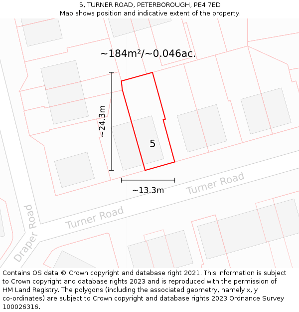 5, TURNER ROAD, PETERBOROUGH, PE4 7ED: Plot and title map