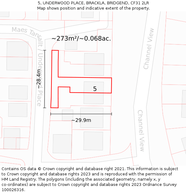 5, UNDERWOOD PLACE, BRACKLA, BRIDGEND, CF31 2LR: Plot and title map