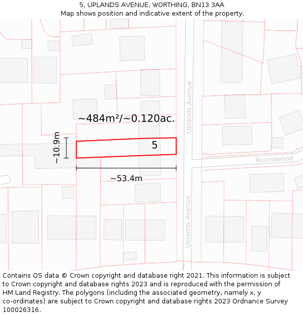 5, UPLANDS AVENUE, WORTHING, BN13 3AA: Plot and title map