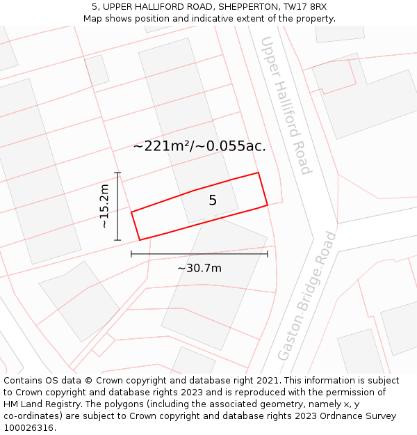 5, UPPER HALLIFORD ROAD, SHEPPERTON, TW17 8RX: Plot and title map