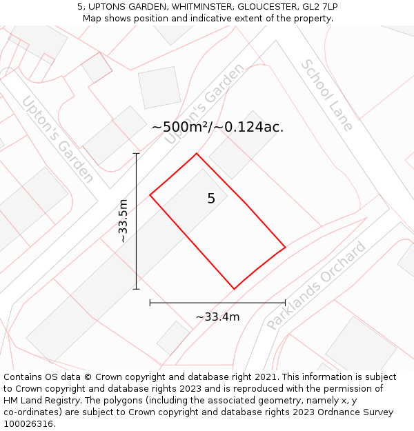 5, UPTONS GARDEN, WHITMINSTER, GLOUCESTER, GL2 7LP: Plot and title map