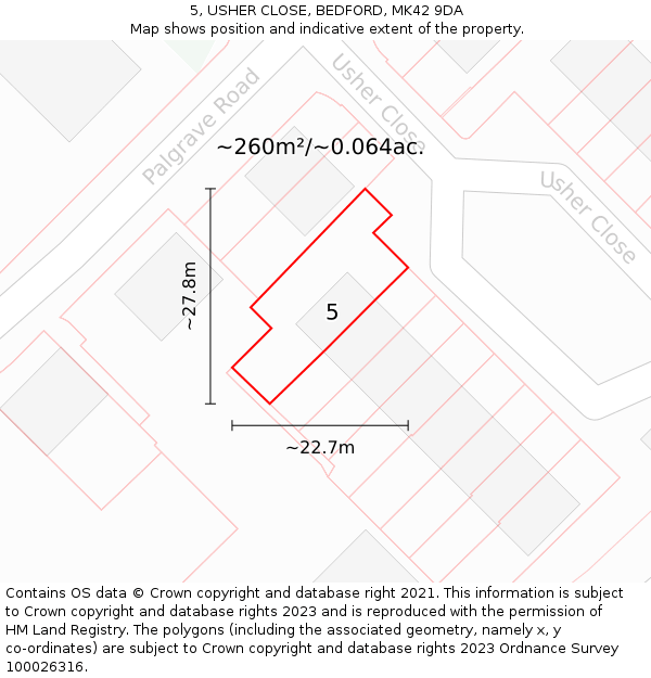 5, USHER CLOSE, BEDFORD, MK42 9DA: Plot and title map