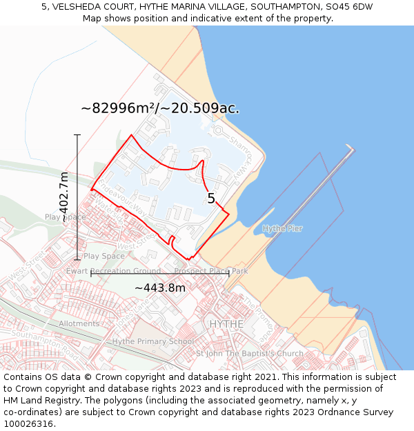 5, VELSHEDA COURT, HYTHE MARINA VILLAGE, SOUTHAMPTON, SO45 6DW: Plot and title map