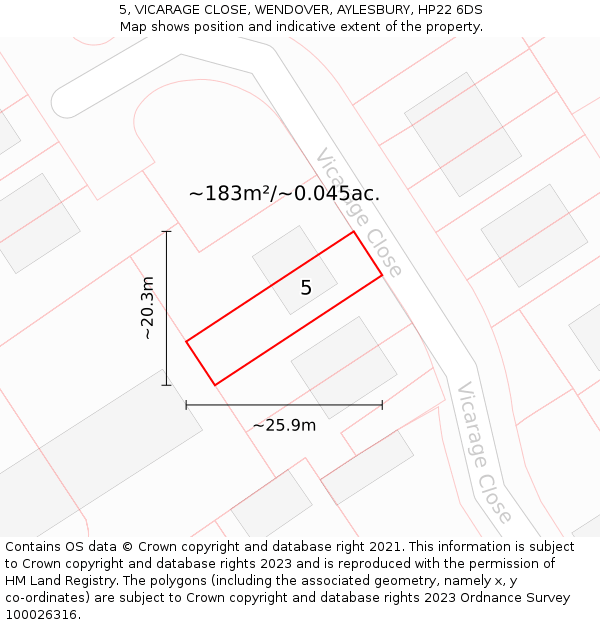 5, VICARAGE CLOSE, WENDOVER, AYLESBURY, HP22 6DS: Plot and title map