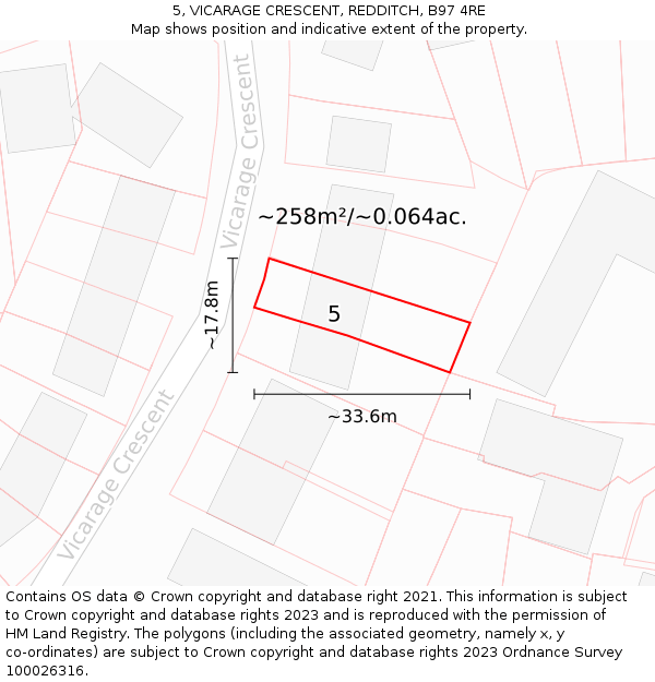 5, VICARAGE CRESCENT, REDDITCH, B97 4RE: Plot and title map