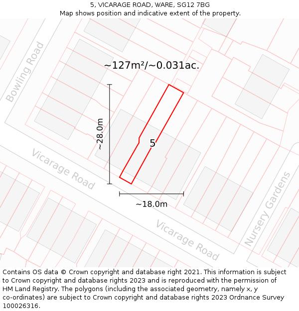 5, VICARAGE ROAD, WARE, SG12 7BG: Plot and title map